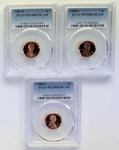 1987, 1988 & 1989 "S" PCGS 70 RD DCAM Proof 3 Coin Lincoln Cent Set Cover