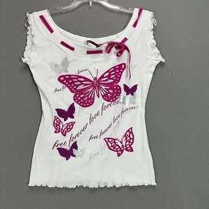 VTG M Juniors Butterfly Shirt Y2K 2000s White Pink Lace Tie Ruffle Kidcore - Picture 1 of 11