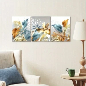 3 PC Frameless Hanging Wall Modern Gold Butterfly Leaf Living Room Decoration - Picture 1 of 12