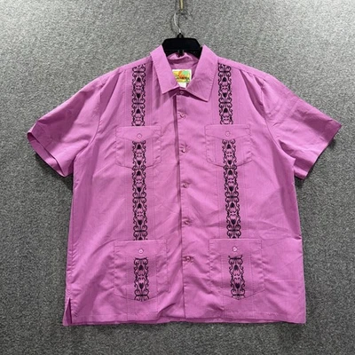 Haband Guayabera Shirt Mens Large Purple Short Sleeve Embroidered Cuban 4 Pocket - Image 1 of 4
