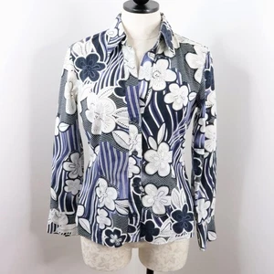 Olsen Europe Women's 4 Blue Floral Button-Up Fitted Long Sleeve Cotton Top - Picture 1 of 10
