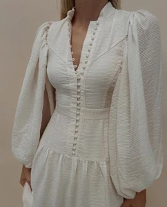 Shona Joy Dress AU 14 / US 10 Charlotte High Neck Midi Ecru Long Sleeve - Picture 1 of 9