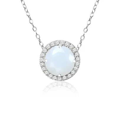 Round Halo Simulated Opal & CZ Necklace in Sterling Silver - Image 1 of 4