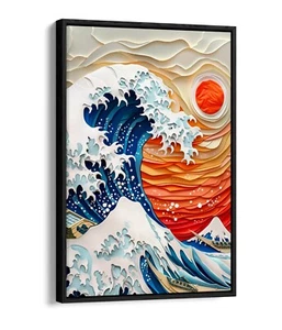 THE GREAT WAVE SUNSET HOKUSAI STYLE DECOR FLOAT EFFECT CANVAS ART PRINT - Picture 1 of 12