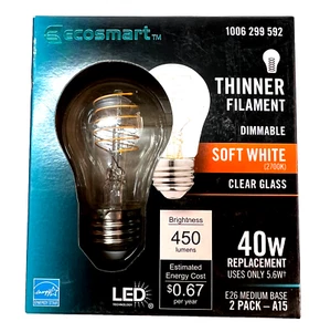 2pk Ecosmart 40W LED Light Bulb A15 Dimmable Fine Bendy Filament Soft White - Picture 1 of 14