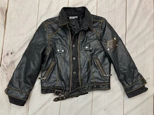 Versace Youth Boys 6 Denim Rivets Belted Black Moto Biker Vegan Leather Jacket - Picture 1 of 12