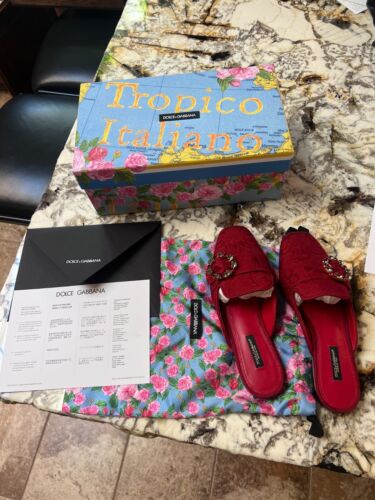 Dolce & Gabbana Red Jacquard Slippers w/Bejewelled Buckle - New with Box