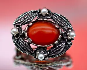 Vintage Silver Metal Celtic Oval Brooch Brown Stone Small Seed Pearls - Picture 1 of 9