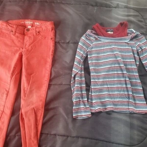 girl 7 red skinny jeans and striped top - Picture 1 of 3