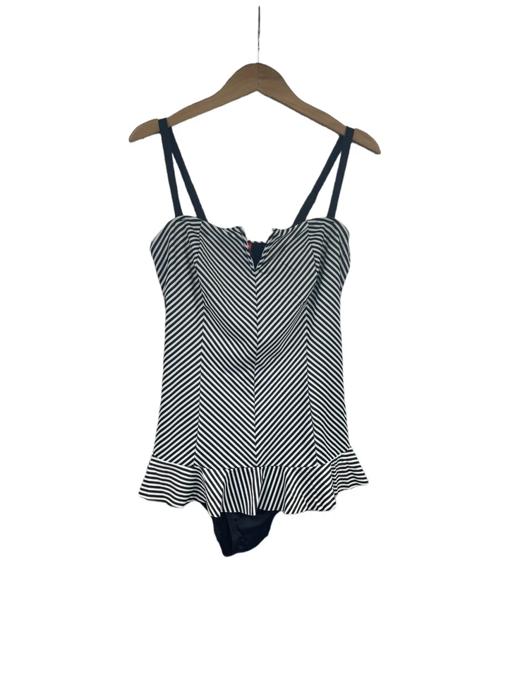 Spanx Swimsuit Womens 12 Black and White Striped One Piece Shaping Peplum - Imagem 1 de 4