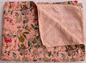 Vintage Kantha Quilt Patola Silk Leaf Print Patchwork Handmade Bedcover Blanket - Picture 1 of 5