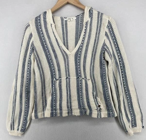 O'NEILL Sweater Womens XS Striped Hoodie Cropped Long Sleeve Pullover Ivory Blue - Picture 1 of 14