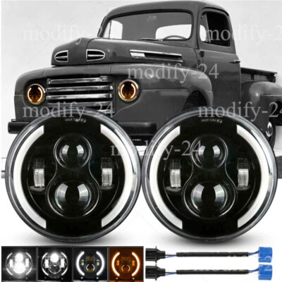 Pair 7" Inch Round LED Headlights Halo DRL Fit Ford F1 1948 1949 1950 1951 1952 - Image 1 of 4
