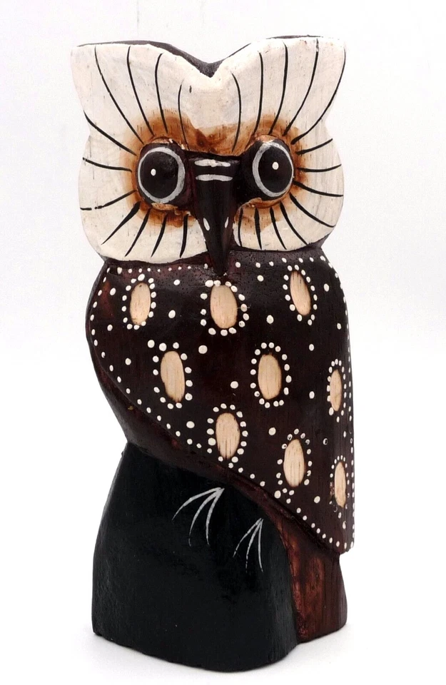 Chouette hibou en bois sculpté peint tête blanche 15,5 cm artisanat Bali - Photo 1/1