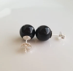 Solid 925 Sterling Sliver Natural Black Onyx 10mm Round Ball Stud Earrings - Picture 1 of 7