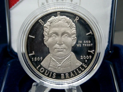 2009 "P" PROOF Commemorative SILVER Louis *BRAILLE* Dollar $1 Box & COA ECC&C Cover