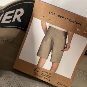 EDDIE BAUER Herren Rainier Tech Shorts hellbraun 36 Stretch Nylon 10" Reißverschlusstasche neu mit Etikett - Bild 1 von 3
