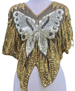 Vintage 70er Jahre 100% Seide Gold Pailletten Schmetterling Shirt One Size - Bild 1 von 8