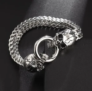 Men's Double Skull Head Foxtail Chain 316L Stainless Steel Bracelet - Picture 1 of 3