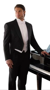 Men's Black Tuxedo Tailcoat with Satin Peak Lapels 100% Wool-Wedding Gala Mason - Picture 1 of 8