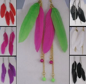 Feather Earrings Multi w/ Chains Handmade in USA E25 - Picture 1 of 7
