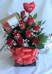 Valentines Dozen Red Rose Box Bouquet Silk Flower Artificial Roses Hospital Gift - Picture 1 of 7
