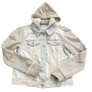 MUDD Girls Distressed Denim Jacket With Sweatshirt Sleeves-Blue/Gray-Size M - Picture 1 of 7