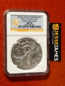 2011 W BURNISHED SILVER EAGLE NGC MS70 EARLY RELEASES WEST POINT GOLD STAR LABEL - Picture 1 of 2