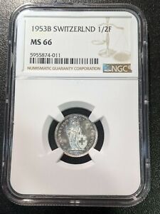 1953 B MS66 Switzerland 1/2 Franc NGC UNC KM 23 only 3 Graded Higher!