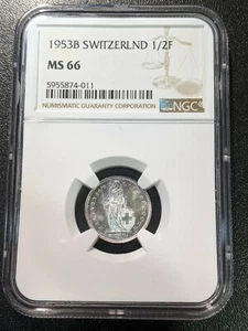 1953 B MS66 Switzerland 1/2 Franc NGC UNC KM 23 only 3 Graded Higher! - Picture 1 of 2