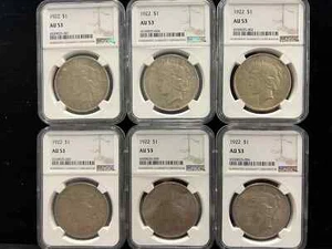 LOT OF 6 1922 PEACE Silver Dollars NGC AU 53 #P1 - Picture 1 of 4