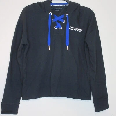 Tommy Hilfiger Mujer Con Cordones Cuello Manga Larga Recortado Logo Sudadera con Capucha Negra M B12 Foto 1 de 4