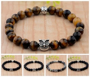 Charm Men's 8MM Natural Tiger Eye Stone Silver Owl Fashion Adjustable Bracelets - Picture 1 of 27