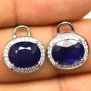 925 Sterling Silver 8 x 10 mm. Blue Sapphire & White Zircon Earrings - Picture 1 of 4