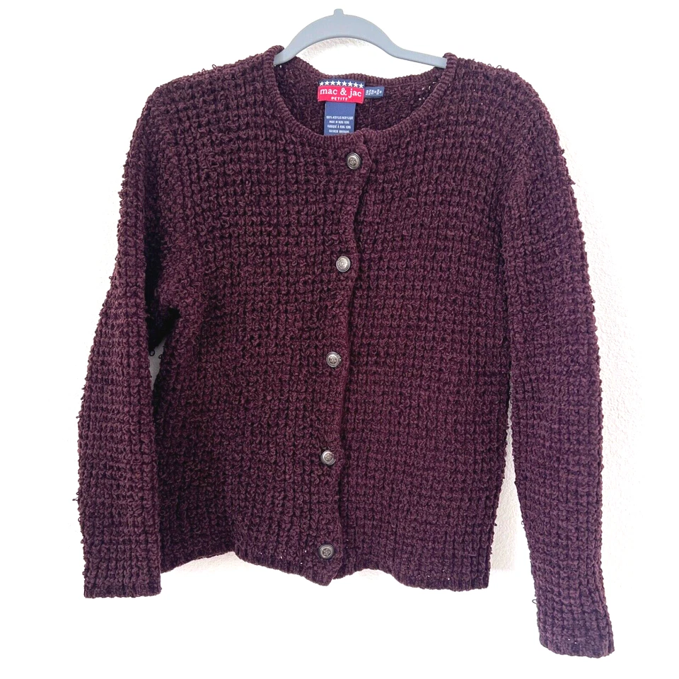 Cárdigan vintage Mac & Jac tejido abierto con botones para mujer mediano pequeño borgoña Foto 1 de 4