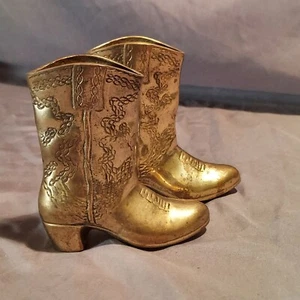 2 x Vintage Miniature Brass Cowboy Boots 4.5 Inches - Western Decor - Picture 1 of 12