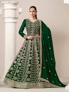 Vestido Anarkali Bordado Pesado Georgette Imitación Verde para Mujer | Boda... - Imagen 1 de 5