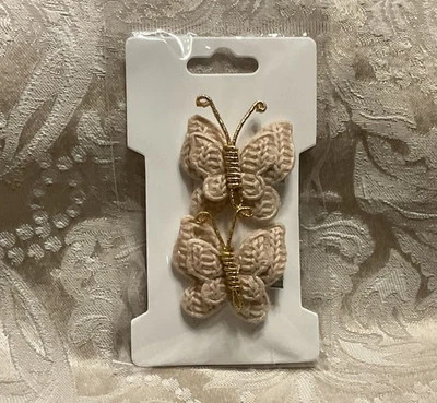 Girls Adorable Taupe & Gold Crochet Butterfly Knit  Hair Clip Set - Image 1 of 4