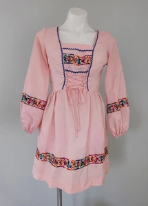Vintage 60s Rainbow Embroidered Balloon Sleeves Folk Hippie Festival Dress - Picture 1 of 22