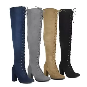 NEU Damen Schnürstiefel Reißverschluss Overknee Overknee klobiger Absatz Größe 5,5-10 - Bild 1 von 5