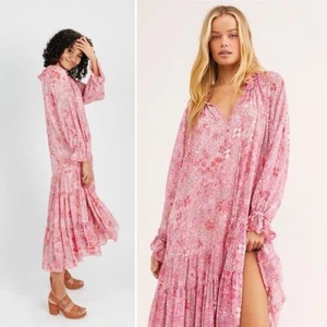 Free People || Feeling Groovy Maxi Dress Floral Long Sleeves Summertime Pink XL - Picture 1 of 8