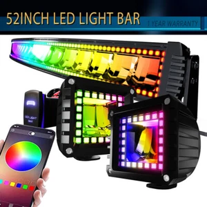 52'' LED Light Bar+4'' Work Lights 2Pods RGB Color Chasing Halo Light For Truck - Picture 1 of 9