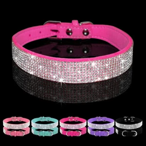 Bling Rhinestone Diamante Dog Collar Soft Suede Pet Puppy Pink Blue Black Purple - Picture 1 of 17