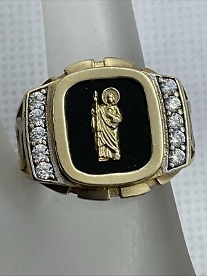 Твердый 14K желтое золото черный оникс и CZ SAINT JUDE мужчин религиозный печатка кольцо 8.2g - Изображение 1 из 4