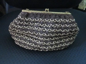 Vintage Brown Crocheted Handbag Gold Accents Frame & Chain Handle Satin Interior - Picture 1 of 6