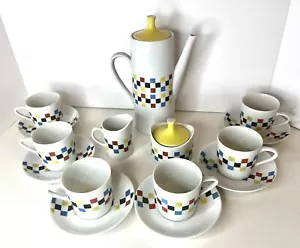Fred Roberts Coffee Tea Set Colorful Checked San Francisco Porcelain MCM Modern - Picture 1 of 8