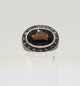 Fully UK Hallmarked Smoky Quartz & Marcasites Ring 925 Silver Size L1/2~M #20400 - Picture 1 of 24