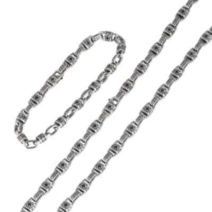 S925 Sterling Silver Byzantine Textured Rectangular Link Necklace with Blue Cz - Picture 1 of 20