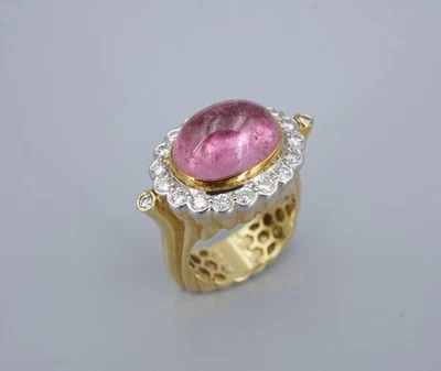 Коктейльное кольцо из 18-каратного желтого золота с турмалином и бриллиантами гало кабошоном размер 7 RG4979 - Изображение 1 из 4