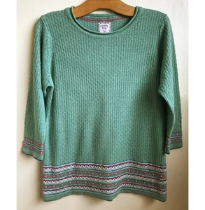 Country Rose green Cotton blend jumper Medium Fair isle trims 3/4 sleeves - Picture 1 of 4